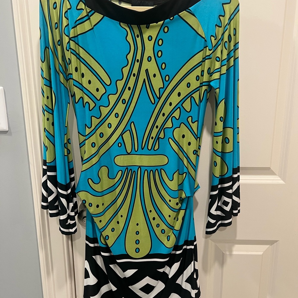 Analili Vibrant Blue and Green Long Sleeve Dress
